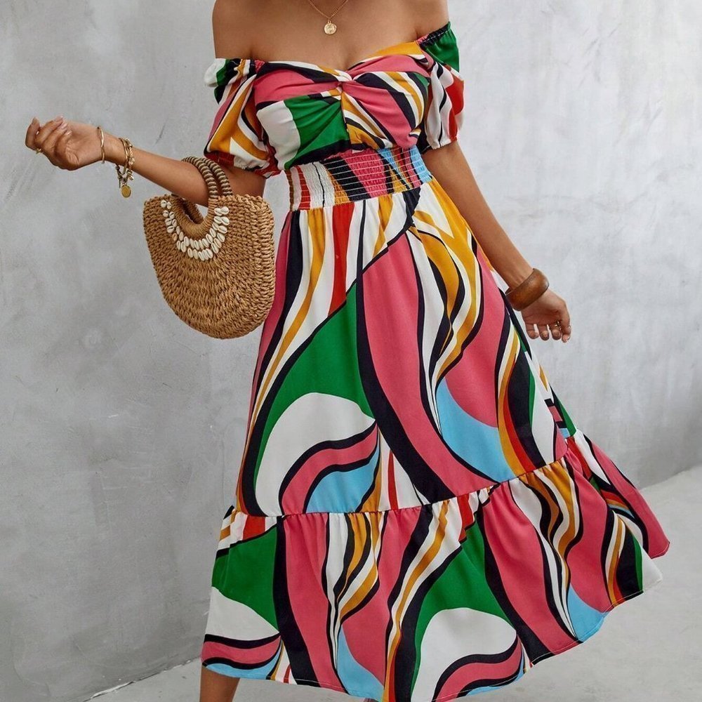 Contemporary Print Off Shoulder Ruffle Hem Dress - Picture 3 of 5